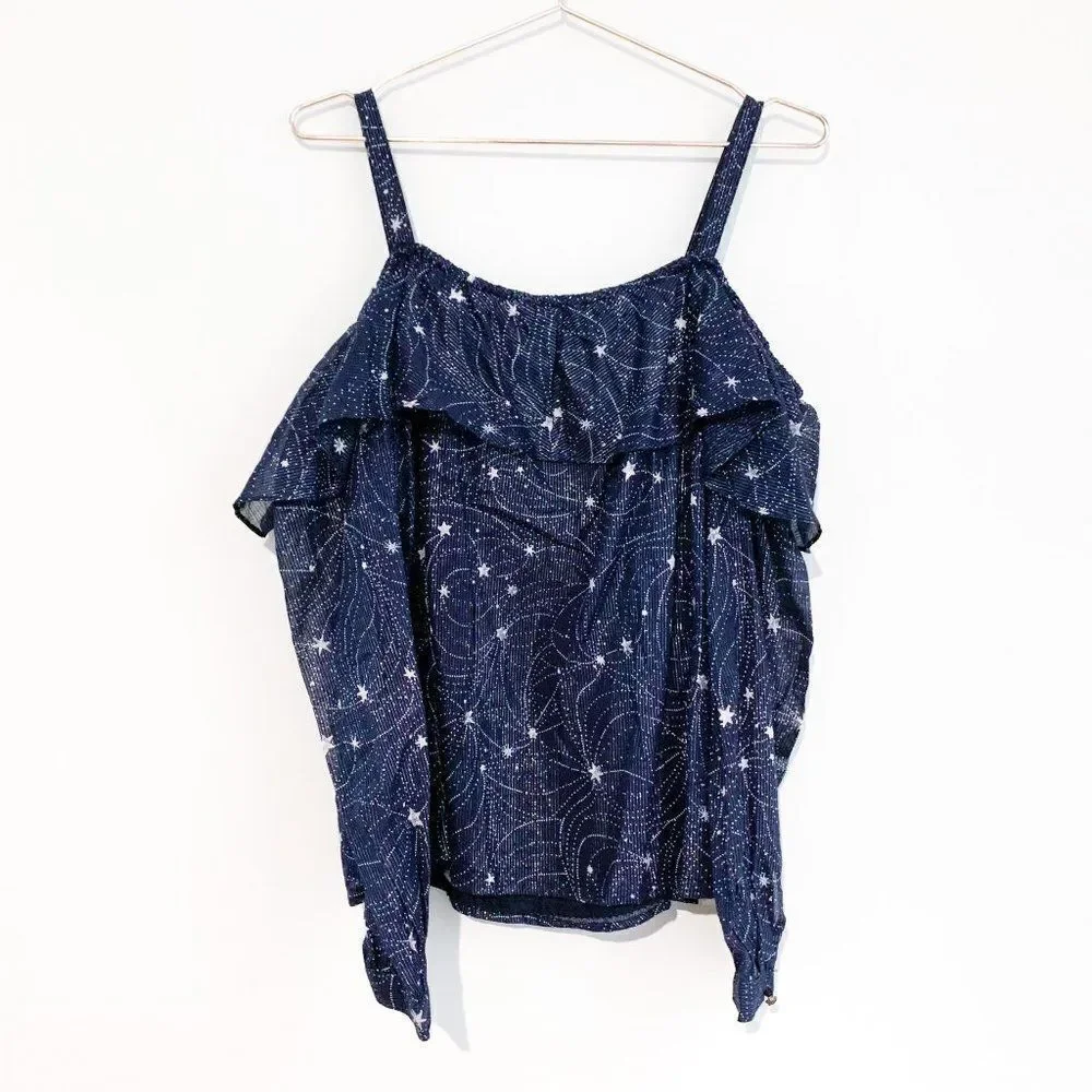 NWT Floreat Anthropologie Navy Blue Metallic Silver Star Cold Shoulder Top - Picture 8 of 11